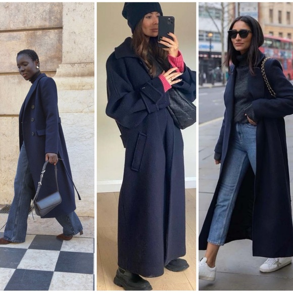 Vintage Navy Wool With Velvet Accent Classic Old Money Full Length Overcoat - Picture 5 of 11